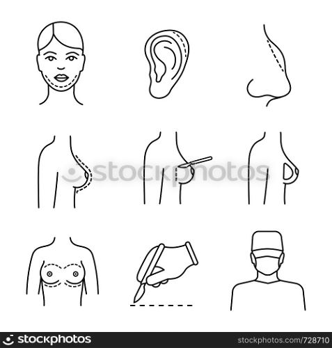 Plastic surgery linear icons set. Chin, ear, nose shape correction surgery, breast augmentation, scalpel incision, surgeon. Thin line symbols. Isolated vector outline illustrations. Editable stroke. Plastic surgery linear icons set