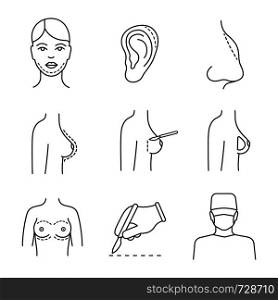 Plastic surgery linear icons set. Chin, ear, nose shape correction surgery, breast augmentation, scalpel incision, surgeon. Thin line symbols. Isolated vector outline illustrations. Editable stroke. Plastic surgery linear icons set