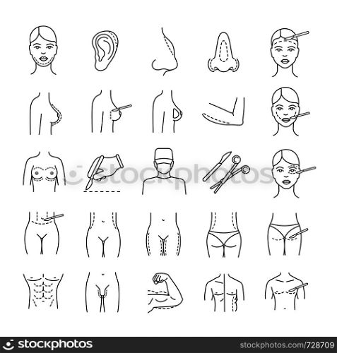 Plastic surgery linear icons set. Facial surgery. Face and body surgical lifting. Male and female body contouring and correction. Liposuction. Isolated vector outline illustrations. Editable stroke. Plastic surgery linear icons set