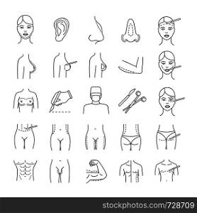 Plastic surgery linear icons set. Facial surgery. Face and body surgical lifting. Male and female body contouring and correction. Liposuction. Isolated vector outline illustrations. Editable stroke. Plastic surgery linear icons set