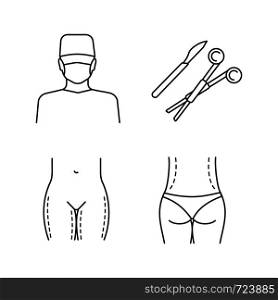 Plastic surgery linear icons set. Surgeon, surgical scalpel and clamp, thigh lift, waist correction surgery. Thin line contour symbols. Isolated vector outline illustrations. Editable stroke. Plastic surgery linear icons set
