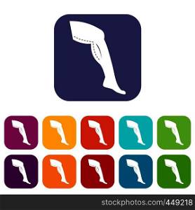 Plastic surgery of legs icons set vector illustration in flat style In colors red, blue, green and other. Plastic surgery of legs icons set flat