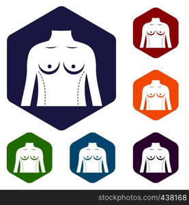 Plastic surgery of torso icons set hexagon isolated vector illustration. Plastic surgery of torso icons set hexagon