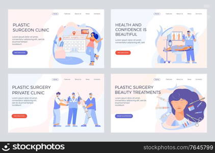 Plastic surgery private clinic 4 web pages banners with facial body aesthetics cosmetic beauty treatments vector illustration. Plastic Surgery Flat Banners