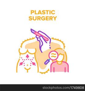 Plastic Surgery Vector Icon Concept. Liposuction And Wrinkle Tightening Cosmetology Plastic Surgery Treatment With Scalpel Doctor Equipment. Human Body Medical Correction Color Illustration. Plastic Surgery Vector Concept Color Illustration