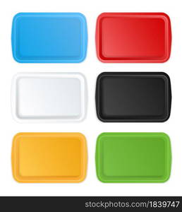 Plastic trays. Realistic empty serving plates rectangular shape, different colors containers mockup, blank top view objects, dining accessories. Pack food. Vector isolated on white background set. Plastic trays. Realistic empty serving plates rectangular shape, different colors containers mockup, blank top view objects, dining accessories. Pack food. Vector isolated set