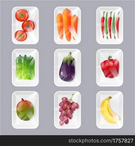 Plastic trays with fresh fruits and vegetables with wrapping by transparent film. Vector cartoon set of package fresh food in styrofoam containers in supermarket and store. Plastic trays with fresh fruits and vegetables