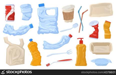 Plastic waste, disposable package, non recyclable garbage. Disposable plastic bottles, cups, tableware vector illustration set. Environmental pollution, plastic waste. Ecological problem for nature. Plastic waste, disposable package, non recyclable garbage. Disposable plastic bottles, cups, tableware vector illustration set. Environmental pollution, plastic waste