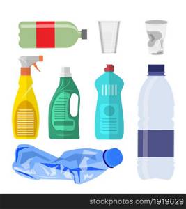 Plastic waste icon collection on white. Plastic bottles and another garbage, non-recyclable trash. Vector illustration in flat style. Plastic waste collection on white.