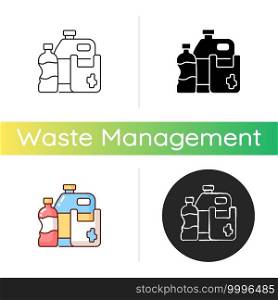 Plastic waste icon. Plastic pollution. Synthetic and semi-synthetic materials. Consumer products. Containers and packaging. Linear black and RGB color styles. Isolated vector illustrations. Plastic waste icon