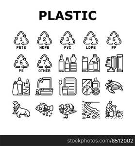 Plastic Waste Nature Environment Icons Set Vector. Bottle And Container, Package And Bag, Bird And Turtle, Seal And Fish With Plastic Waste. Volunteer Cleaning Beach Black Contour Illustrations. Plastic Waste Nature Environment Icons Set Vector