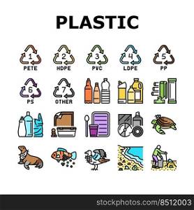 Plastic Waste Nature Environment Icons Set Vector. Bottle And Container, Package And Bag, Bird And Turtle, Seal And Fish With Plastic Waste. Volunteer Cleaning Beach Color Illustrations. Plastic Waste Nature Environment Icons Set Vector