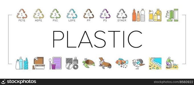 Plastic Waste Nature Environment Icons Set Vector. Bottle And Container, Package And Bag, Bird And Turtle, Seal And Fish With Plastic Waste. Volunteer Cleaning Beach Color Illustrations. Plastic Waste Nature Environment Icons Set Vector