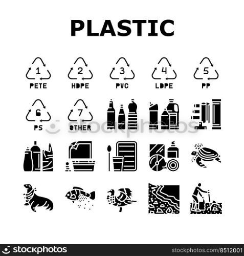 Plastic Waste Nature Environment Icons Set Vector. Bottle And Container, Package Bag, Bird And Turtle, Seal And Fish With Plastic Waste. Volunteer Cleaning Beach Glyph Pictograms Black Illustrations. Plastic Waste Nature Environment Icons Set Vector