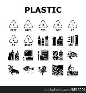 Plastic Waste Nature Environment Icons Set Vector. Bottle And Container, Package Bag, Bird And Turtle, Seal And Fish With Plastic Waste. Volunteer Cleaning Beach Glyph Pictograms Black Illustrations. Plastic Waste Nature Environment Icons Set Vector