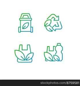 Plastic waste recycling pixel perfect gradient linear vector icons set. Garbage reusing. Refusing industry. Thin line contour symbol designs bundle. Isolated outline illustrations collection. Plastic waste recycling pixel perfect gradient linear vector icons set
