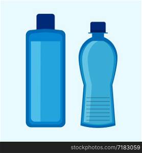 Plastic water bottles collection in blue color isolated on white. Vector poster in flat design of four tall containers for liquids in various shape and size. Dish types for carrying beverages. Plastic water bottles collection in blue color isolated on white.