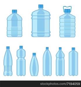Plastic water bottles. Flat containers different capacities for liquids, beverages advertisement service delivery water bottled mockup vector set. Plastic water bottles. Flat containers different capacities for liquids, beverages advertisement service delivery water mockup vector set