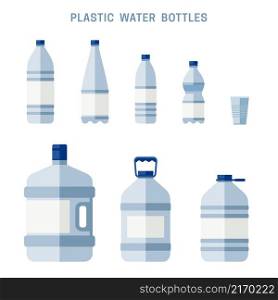 Plastic water bottles flat icons. Plastic containers for clean drinking water.. Plastic containers for clean drinking water.