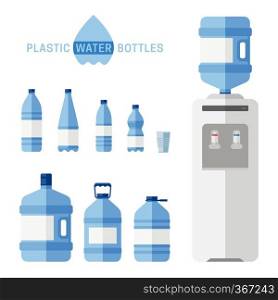 Plastic water bottles with cooler flat icons. Simple illustration with plastic cooler for water and different bottles.. Plastic water bottles
