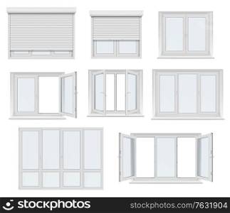 Plastic window and door with roller shutter isolated vector mockup. Realistic white windows and doors with metal rolling blinds, glass panels and PVC frame profiles, 3d design of architecture elements. Plastic window and door with roller shutter mockup