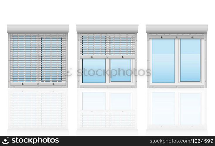 plastic window behind metal perforated rolling shutters vector illustration isolated on white background