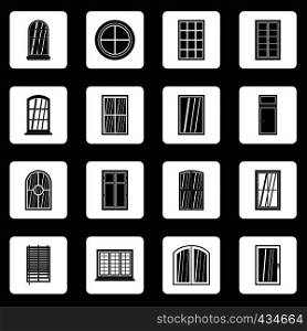 Plastic window forms icons set in white squares on black background simple style vector illustration. Plastic window forms icons set squares vector