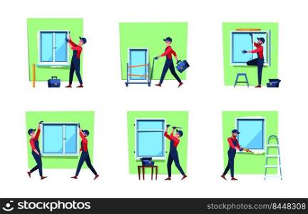 Plastic window installing. Interior fix problems with pvc doors and windows frames professional workers garish vector flat pictures set. Illustration of repair window and installation. Plastic window installing. Interior fix problems with pvc doors and windows frames professional workers garish vector flat pictures set