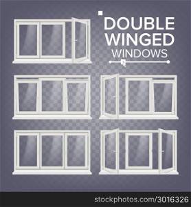 Plastic Window Vector. Double-Winged. White. PVC Windows. Plastic White Window Frame. Isolated On Transparent Background Realistic Illustration. PVC Window Vector. Double-Winged. Opened And Closed. Front View. Open Plastic Glass Window. Isolated On Transparent Background Realistic Illustration