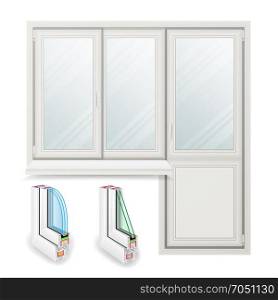 Plastic Window Vector. Opened Door. Home White Window Design Concept. Isolated On White Background Illustration. Plastic Window Vector. Opened Door. Home White Window Design Concept. Isolated