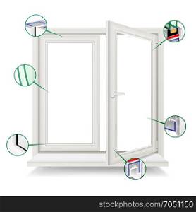 Plastic Window Vector. Window Frame Structure. Open Plastic Glass Window. Isolated On White Background Illustration. Plastic Window Vector. Window Frame Structure. Open Plastic Glass Window. Isolated