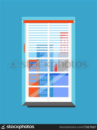 Plastic window with jalousie and skyscrapers view. Office wall that has windowsill, grilled frame, polished glass, cartoon flat vector illustration.. Plastic Window with Jalousie and Skyscrapers View