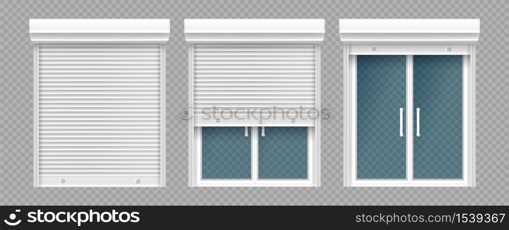 Plastic window with rolling shutter isolated on transparent background. Vector realistic set of closed and open roller up for glass window, white blind for office or shopfront. Plastic window with wooden rolling shutter