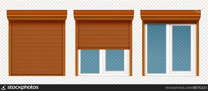 Plastic window with wooden rolling shutter isolated on transparent background. Vector realistic set of closed and open roller up for glass window, brown blind for office or shopfront. Plastic window with wooden rolling shutter