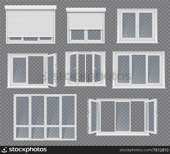 Plastic windows, frames and jalousie. Realistic vector 3d windows two, three or four sections with handles for adjustment. White pvc sills, roller blinds. Set of transparent glasses for home or office. Plastic windows, frames and jalousie vector set