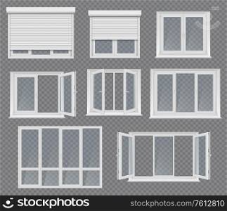 Plastic windows, frames and jalousie. Realistic vector 3d windows two, three or four sections with handles for adjustment. White pvc sills, roller blinds. Set of transparent glasses for home or office. Plastic windows, frames and jalousie vector set