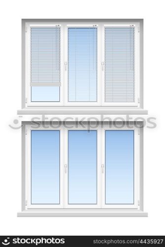 Plastic Windows Jalousies 2 Realistic Icons . Modern classic white jalousies for home decoration and remodeling 2 realistic louvers windows icons set vector illustration