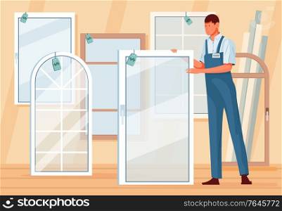 Plastic windows shop display and store assistant in uniform flat vector illustration