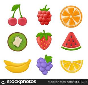Plasticine fruits. Exotic plants healthy fresh products delicious foods strawberry orange cherry decent vector stylized illustration set. Fruit sweet and watermelon kids hand made. Plasticine fruits. Exotic plants healthy fresh products delicious foods strawberry orange cherry decent vector stylized illustration set