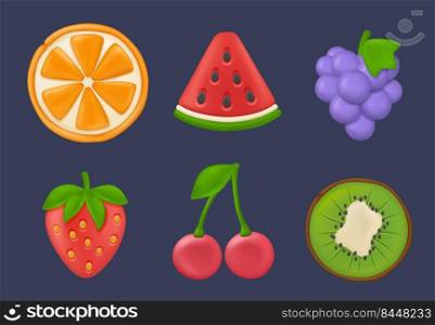 Plasticine fruits. Healthy stylized exotic fruits tropical plants orange cherry strawberry eating raspberries minimalistic decent vector colored illustrations. Fruit plastic sculpting, fruity clay. Plasticine fruits. Healthy stylized exotic fruits tropical plants orange cherry strawberry eating raspberries minimalistic forms decent vector colored illustrations