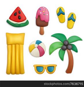 Plasticine modeling clay sea beach summer vacation objects realistic set with palm flip flops isolated vector illustration