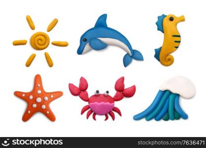 Plasticine modeling clay sea summer objects realistic top view set with crab dolphin sun isolated vector illustration