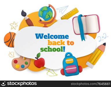 Plasticine school composition with welcome back to school symbols vector illustration