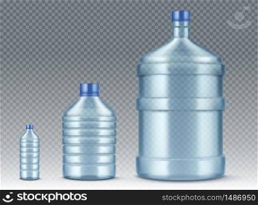 Plastik bottles, small and big for water cooler. Vector realistic mockup of blue plastic packaging for drinking water isolated on transparent background, empty delivery gallon container. Plastik bottles, small and big for water realistic