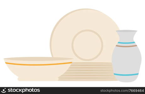 Plate and bowl with jug, equipment sale, crockery tableware. Kitchenware in white color, shopping empty restaurant utensil, crockery promotion vector. Tableware Sale, Plate and Bowl with Jug Vector