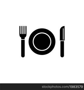 Plate and Cutlery, Fork, Knife. Flat Vector Icon illustration. Simple black symbol on white background. Plate and Cutlery, Fork, Knife sign design template for web and mobile UI element. Plate and Cutlery, Fork, Knife Flat Vector Icon