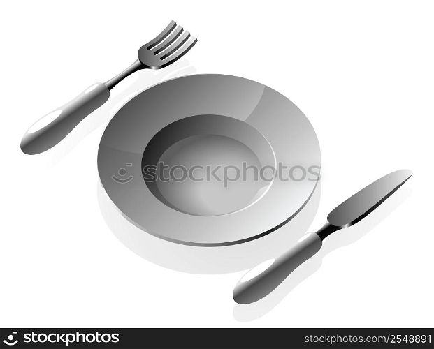 Plate and silverware. Vector illustration.