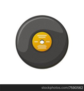 Plate for playing music on gramophone, scratching disk, old-fashioned circle object for turntable soundtrack. Black vinyl record, audio equipment vector. Black Plate for Playing Music, Vinyl Record Vector