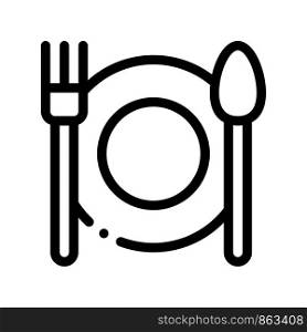 Plate Fork And Spoon Vector Sign Thin Line Icon. Plate With Flatware Restaurant Mark, Hotel Performance Of Service Equipment Linear Pictogram. Business Hostel Items Monochrome Contour Illustration. Plate Fork And Spoon Vector Sign Thin Line Icon