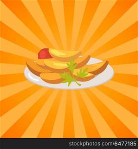 Plate Full of Food Baked Potatoes and Vegetables. Plate full of different food as baked potatoes, tomato and parsley vector in concept of Oktoberfest or Octoberfest festival on background with rays